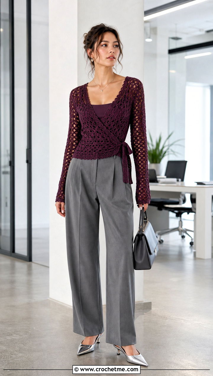 Crochet Granny Triangle Wrap Top With Tailored Trousers - 25 crochet granny triangle top outfit ideas