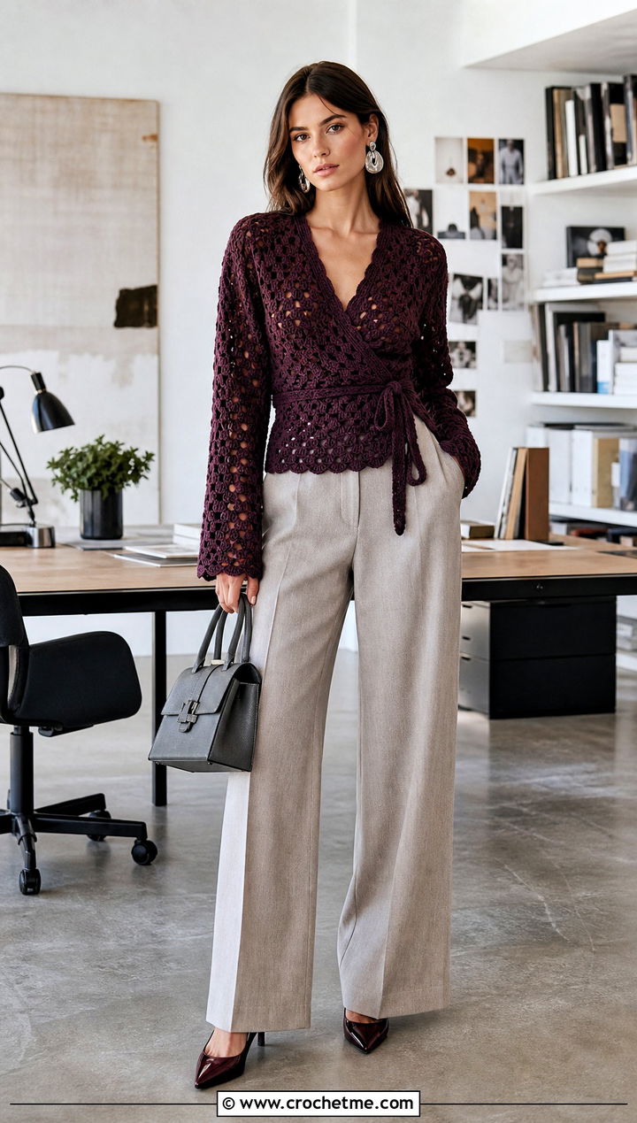Crochet Granny Wrap Top With Wide Leg Suit Pants - 25 crochet granny top outfit ideas