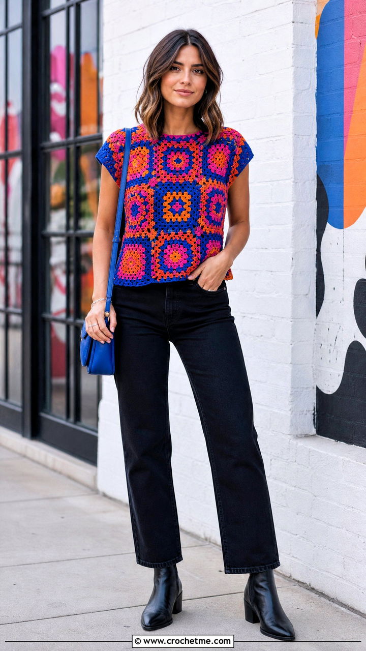 Crochet Graphic Top With Black Denim - 35 crochet fitted top outfit ideas