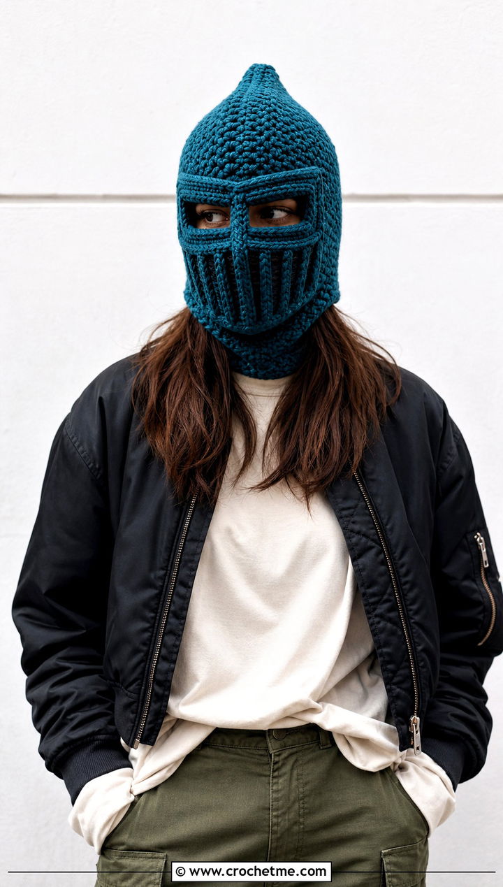Crochet Great Helm Hat With Cargo Pants - 15 Knight Crochet Hat outfit ideas