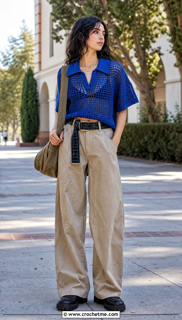 Crochet Grunge Polo Top With Wide Leg Chinos - 30 crochet grunge top outfit ideas