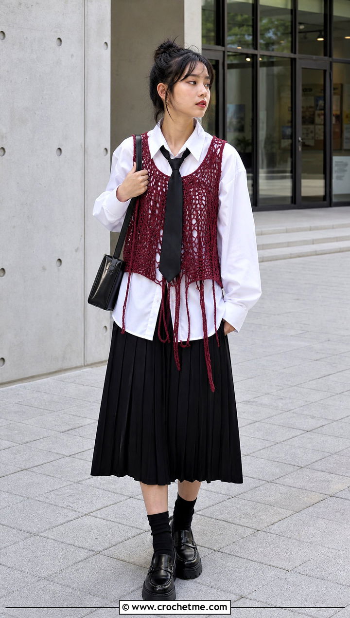Crochet Grunge Vest Top With White Shirt And Tie - 30 crochet grunge top outfit ideas