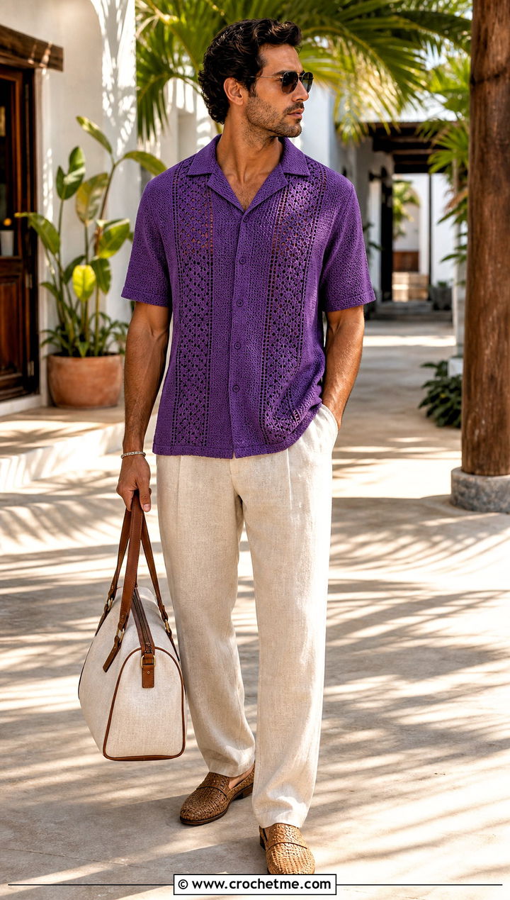 Crochet Guayabera Shirt With Linen Pants - 35 crochet man shirt outfit ideas