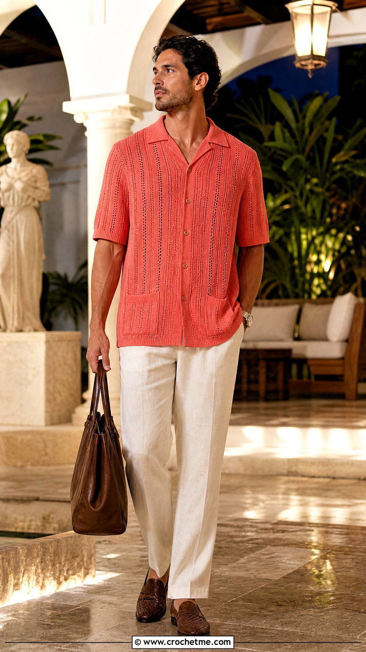 Crochet Guayabera Shirt With Linen Pants - 35 crochet male shirt outfit ideas