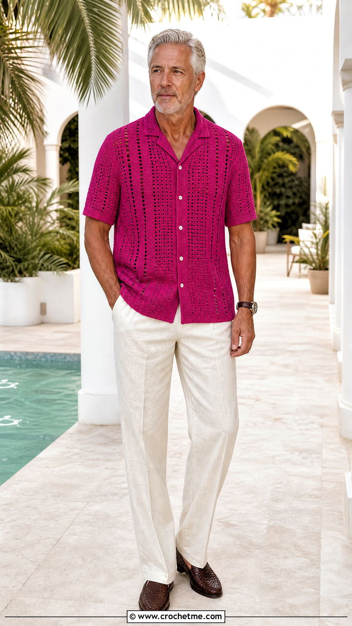 Crochet Guayabera Shirt With Linen Suit Trousers - 35 crochet shirt men outfit ideas