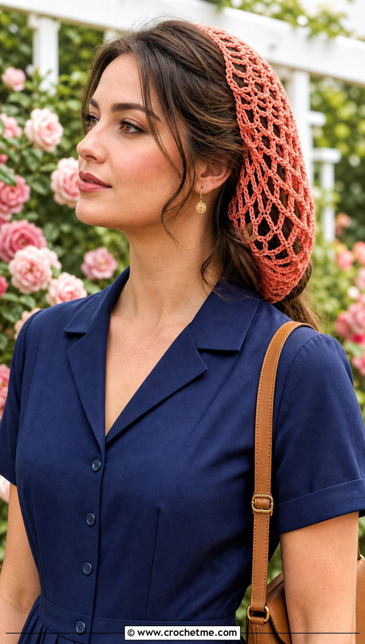 Crochet Hair Net Snood With Vintage Midi Dress - 25 crochet net hat outfit ideas