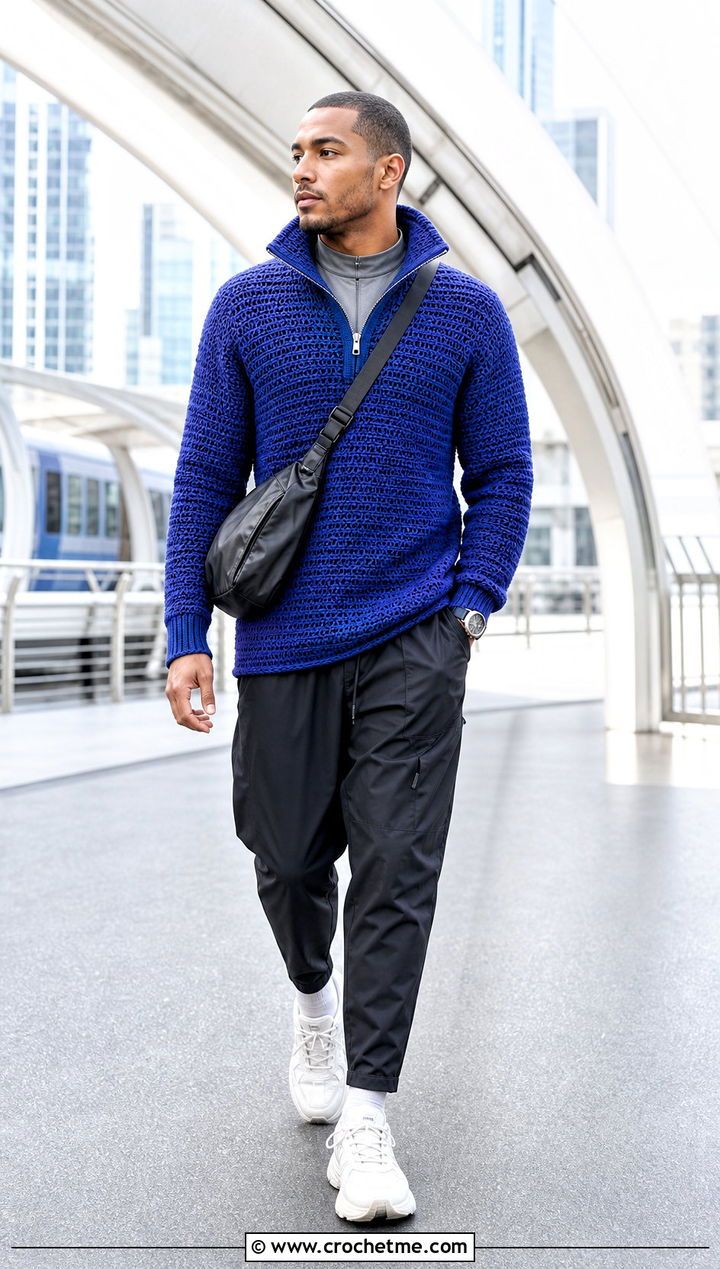 Crochet Half Zip Sweater With Techwear Pants - 35 crochet mens clothes and outfit ideas