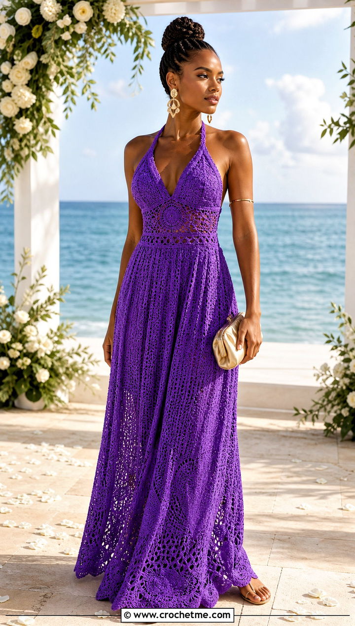 Crochet Halter Beach Wedding Dress With Gold Accessories - 20 crochet beach wedding dress outfit ideas
