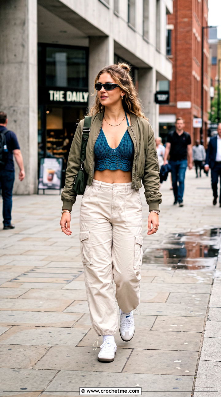 Crochet Halter Bralette With Cargo Pants - 35 crochet lingerie outfit ideas