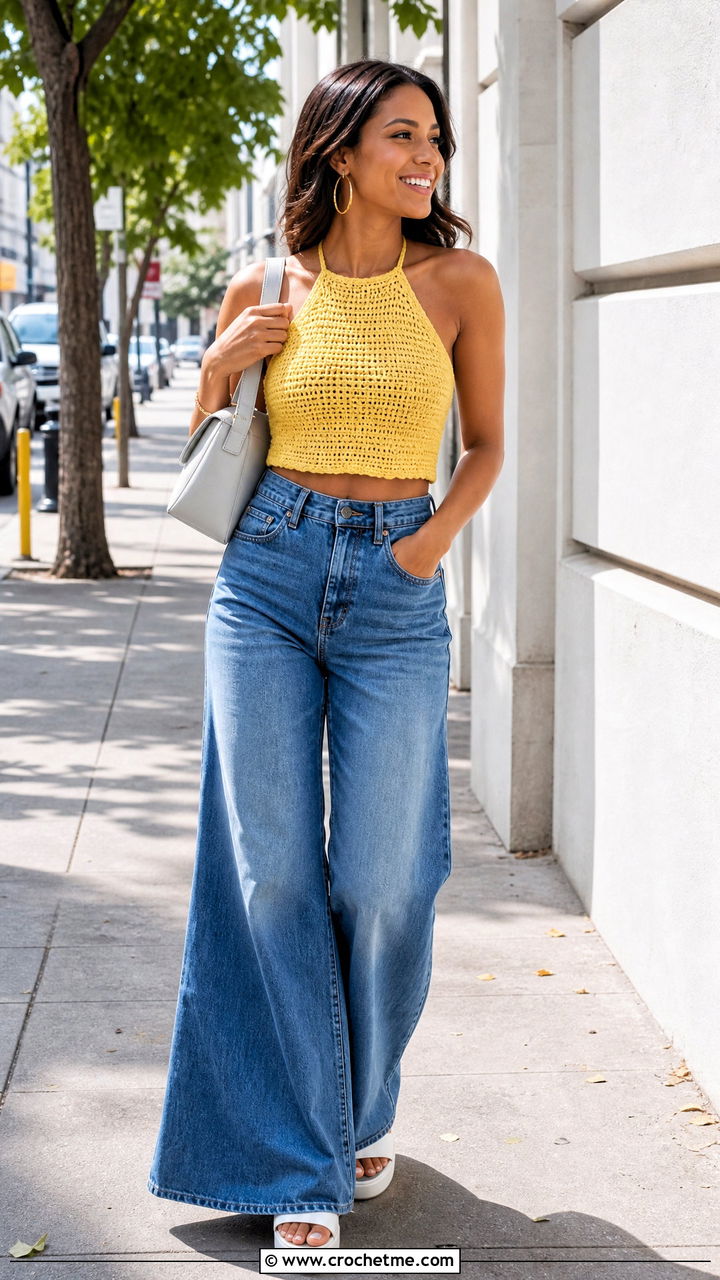 Crochet Halter Crop Top With Wide Leg Jeans - 35 crochet crop top outfits ideas