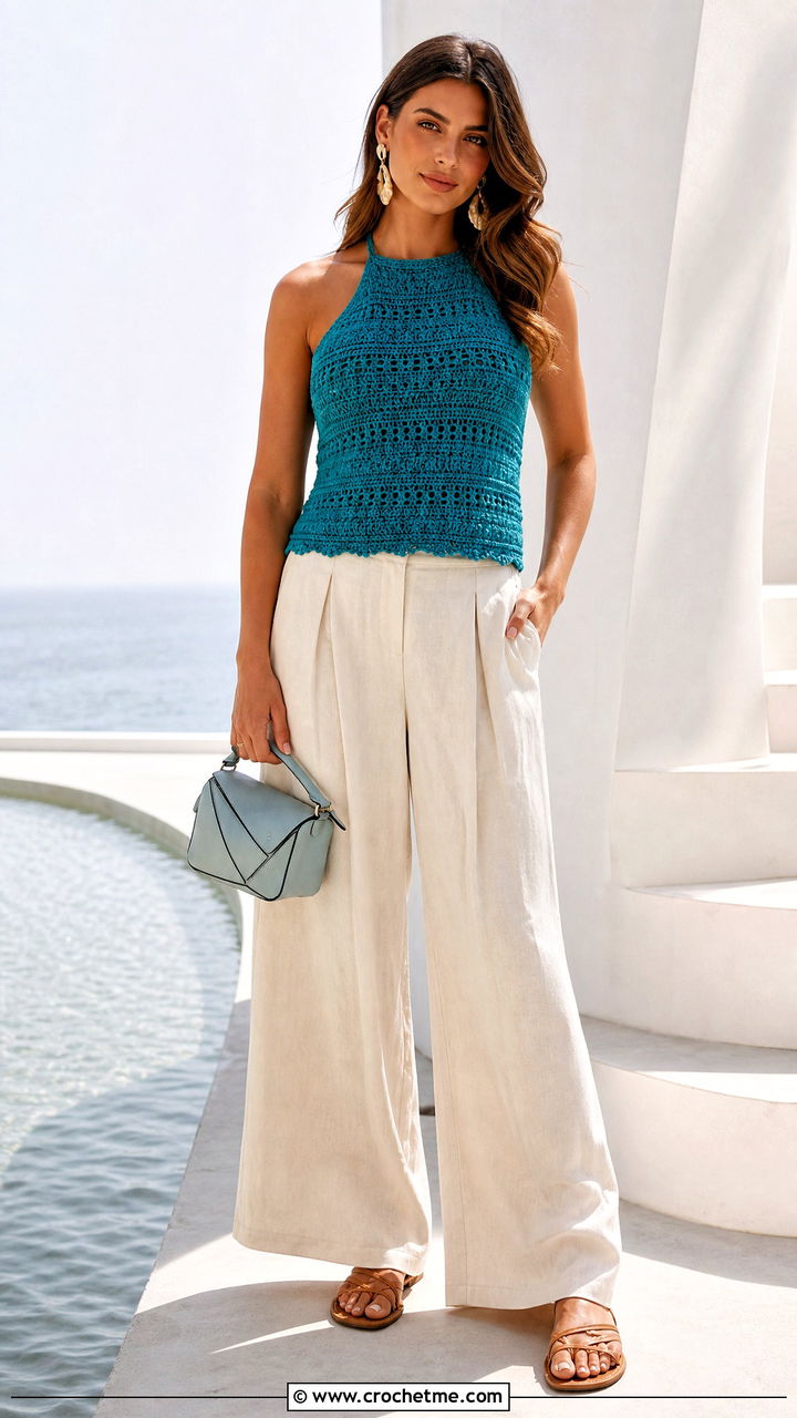 Crochet Halter Sleeveless Top With Linen Pants - 35 crochet sleeveless top outfit ideas