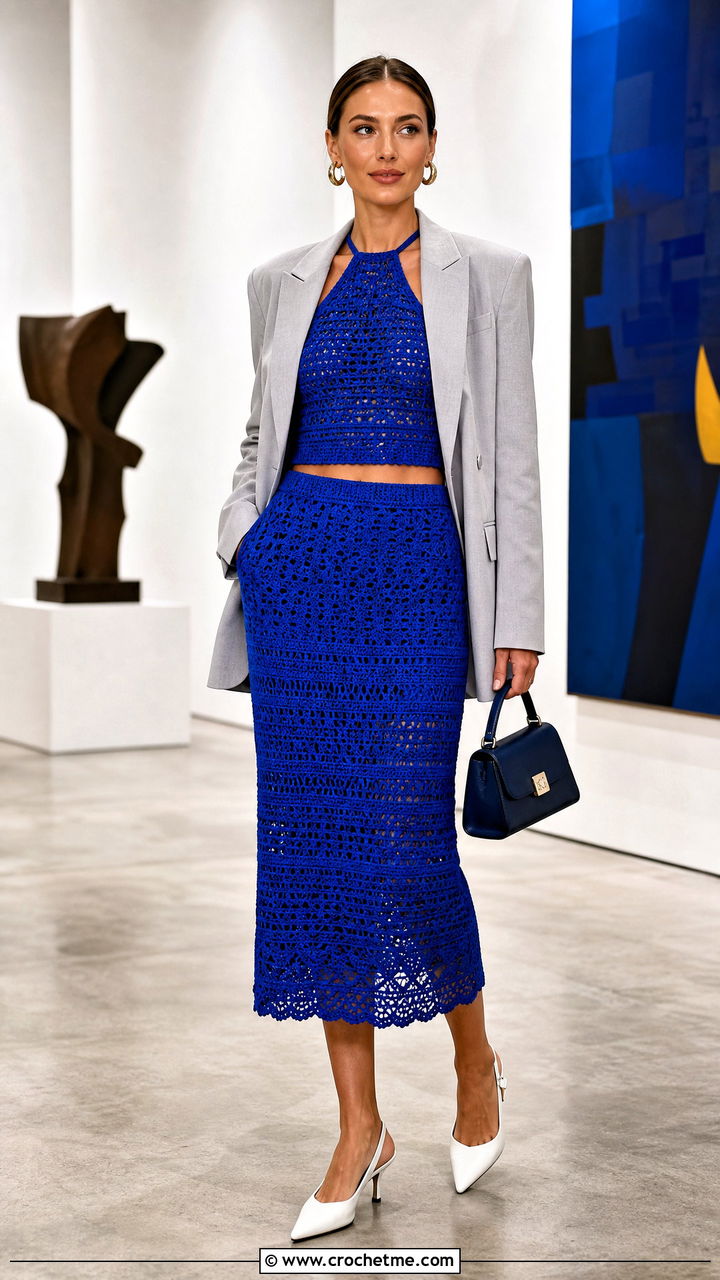 Crochet Halter Top And Midi Skirt Set With Blazer - 35 crochet skirt set outfit ideas