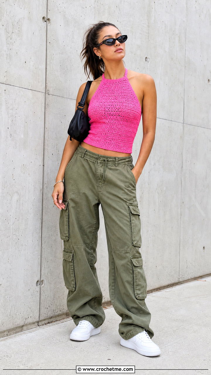 Crochet Halter Top With Cargo Pants - 35 crochet outfit ideas