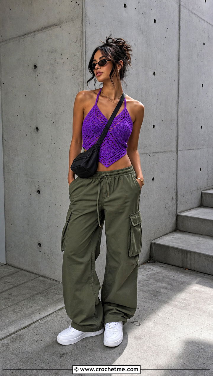 Crochet Halter Top With Cargo Pants - 35 Easy Crochet Top outfit ideas