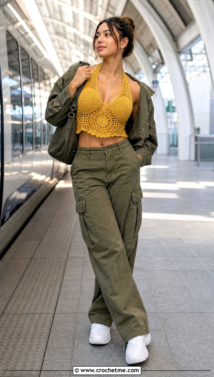 Crochet Halter Top With Cargo Pants - 35 mini crochet clothes and outfit ideas