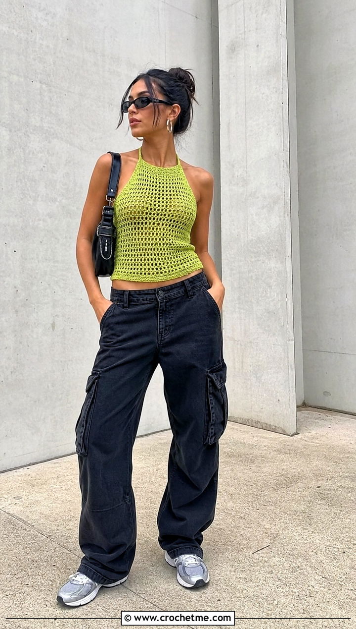 Crochet Halter Top With Cargo Pants - 25 Cute Things To Crochet Clothes and outfit ideas