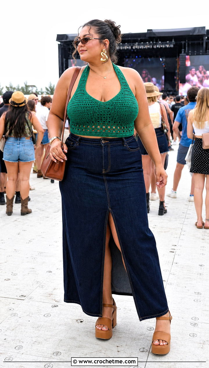 Crochet Halter Top With Denim Maxi Skirt - 35 plus size crochet outfit ideas