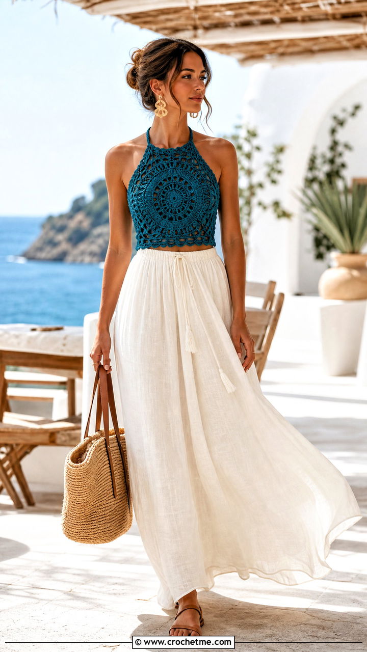 Crochet Halter Top With Linen Maxi Skirt - 35 crochet tops ideas