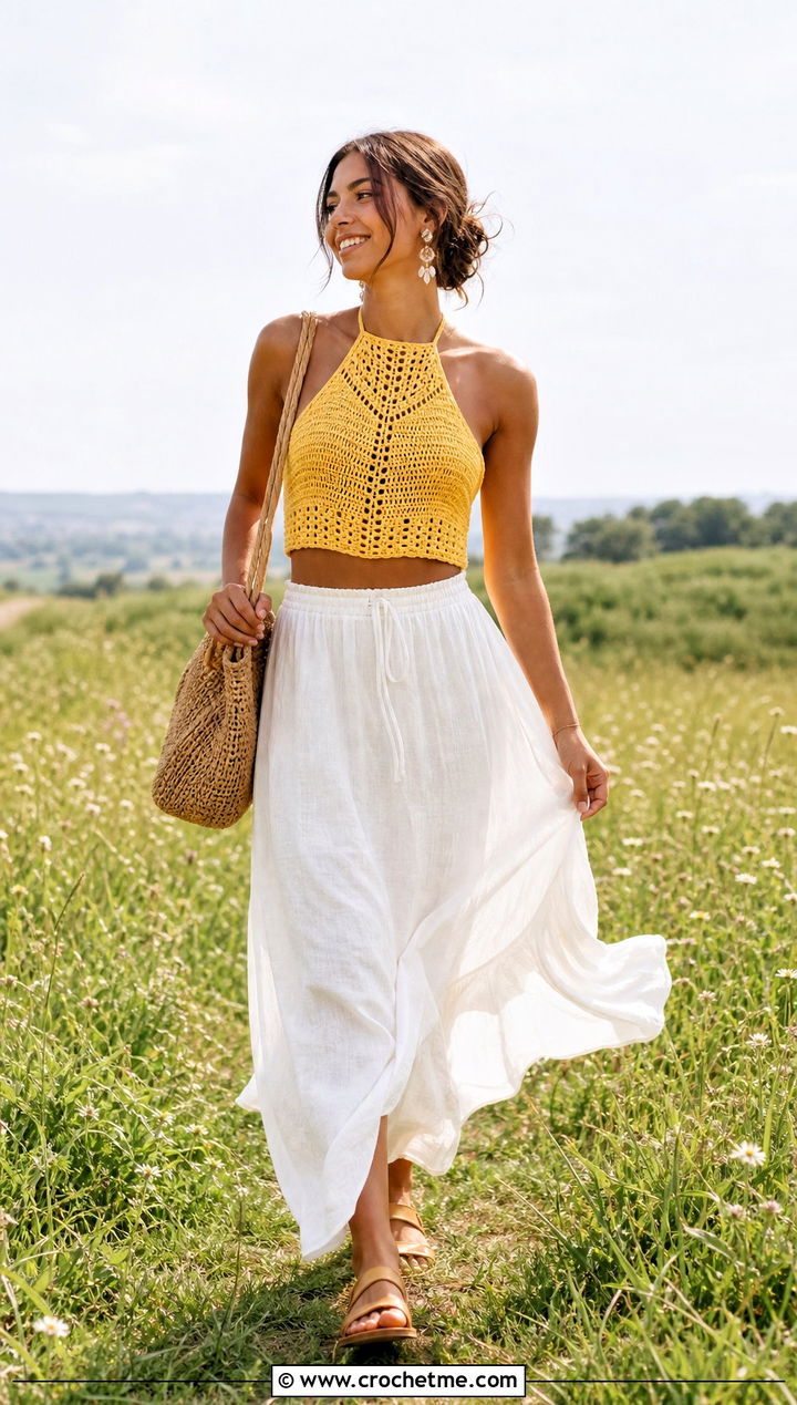 Crochet Halter Top With Linen Maxi Skirt - 15 crochet top on grass outfit ideas