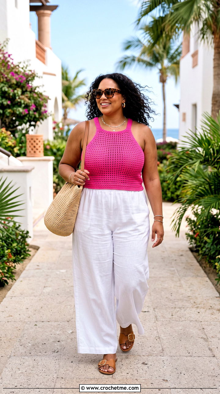 Crochet Halter Top With Linen Palazzo Pants - 25 crochet top for plus size women outfit ideas
