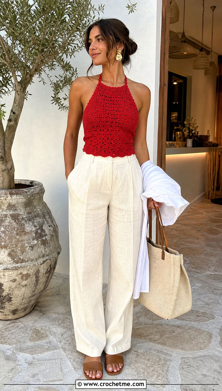 Crochet Halter Top With Linen Pants - 15 Summer Crochet Clothing Style outfit ideas