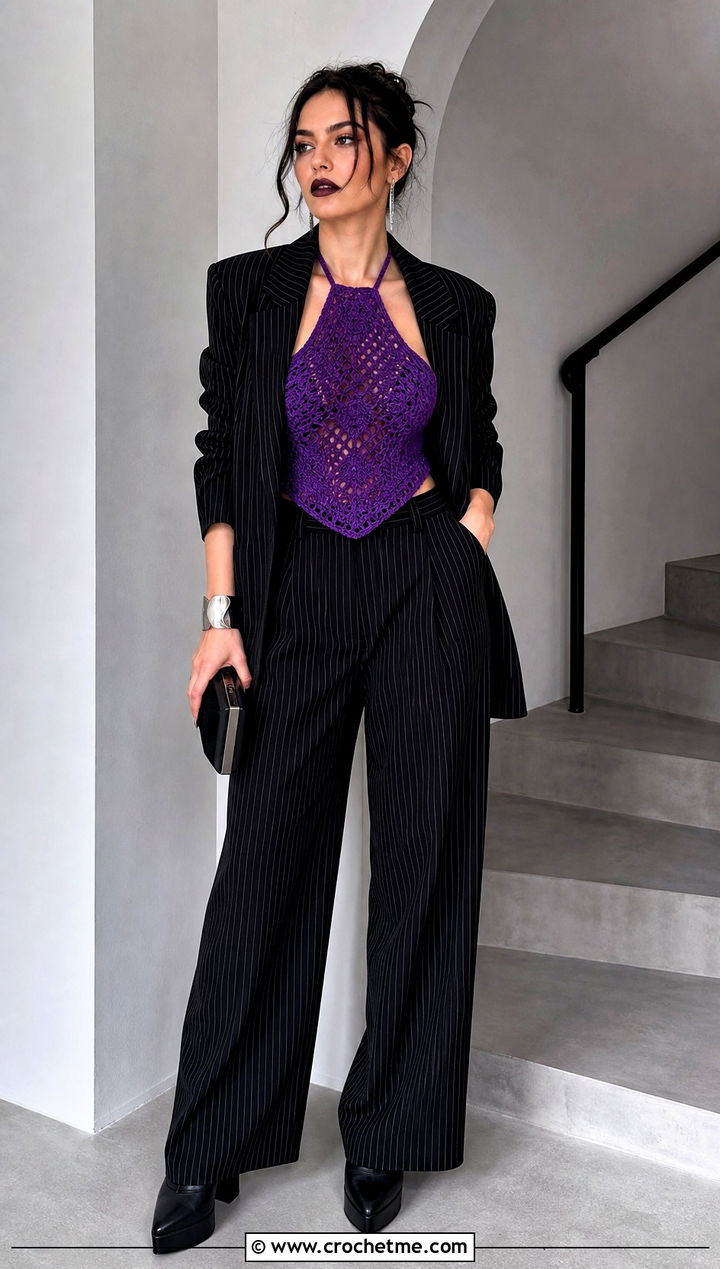 Crochet Halter Top With Pinstripe Suit - 15 goth crochet clothing and outfit ideas