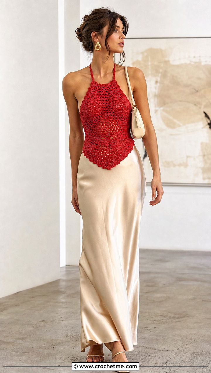 Crochet Halter Top With Satin Maxi Skirt - 30 crochet top and long skirt outfit ideas