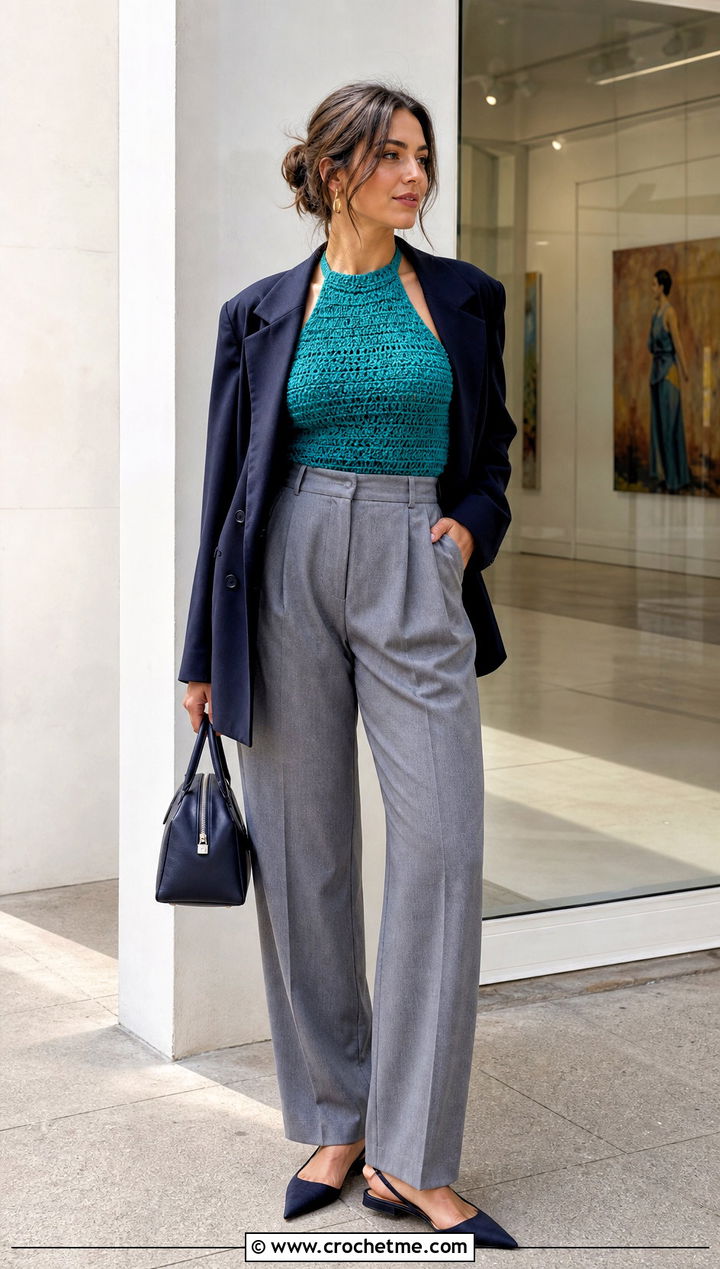 Crochet Halter Top With Tailored Trousers - 35 spring crochet top outfit ideas