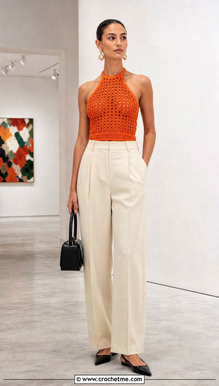 Crochet Halter Top With Tailored Trousers - 15 Crochet Lady Tops outfit ideas