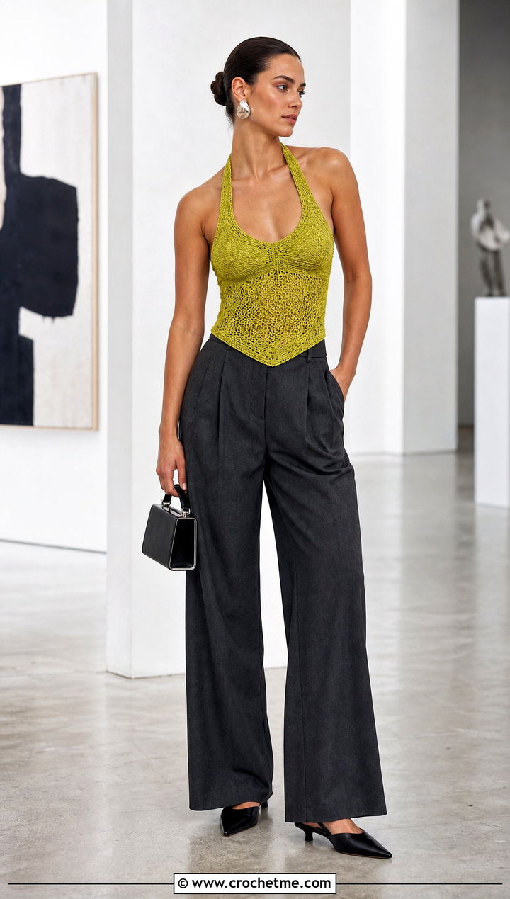 Crochet Halter Top With Tailored Trousers - 30 crochet knitted top outfit ideas