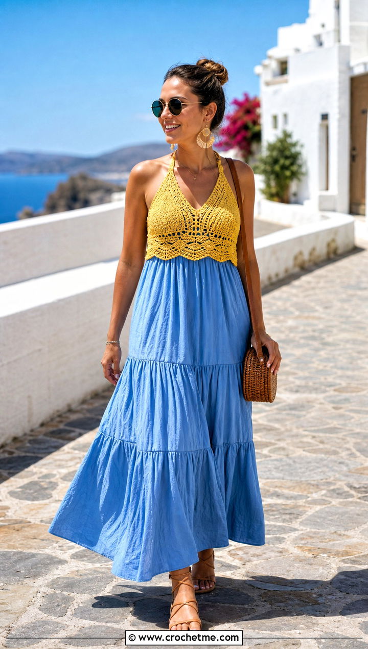Crochet Halter Top With Tiered Maxi Dress - 25 Dresses With Crochet Top outfit ideas