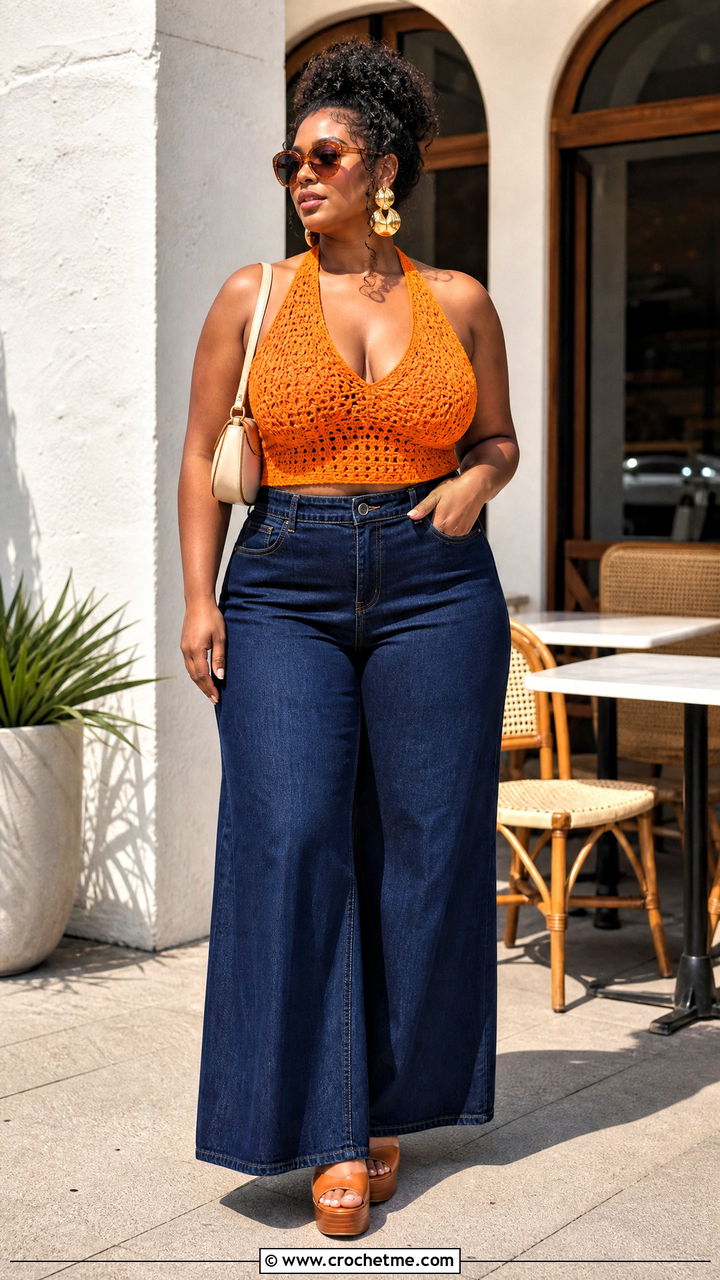 Crochet Halter Top With Wide Leg Jeans - 35 cute crochet outfits ideas