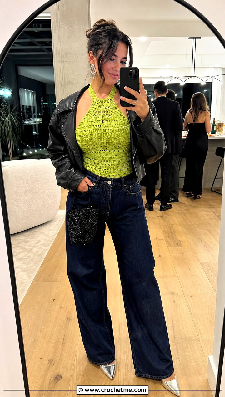 Crochet Halter Top With Wide Leg Jeans - 15 Crochet Nye Outfit ideas