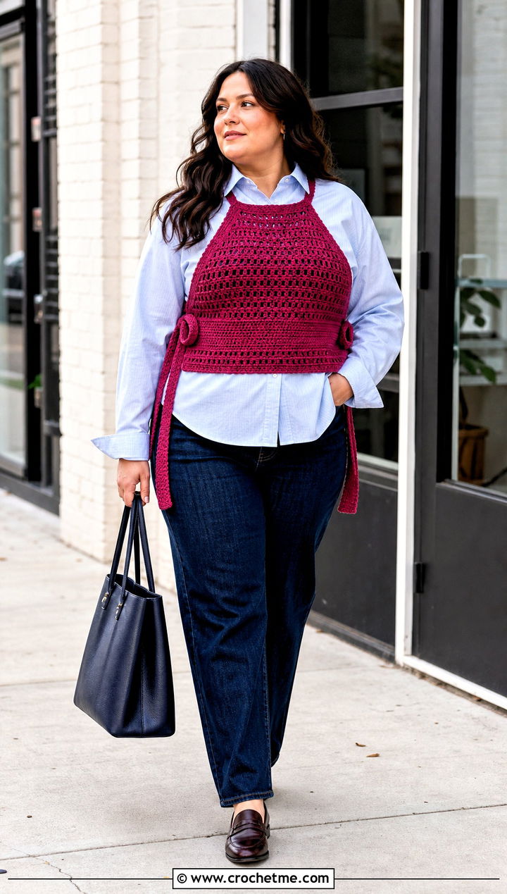 Crochet Halter Vest Top With Button Down Shirt - 30 plus size crochet halter top outfit ideas