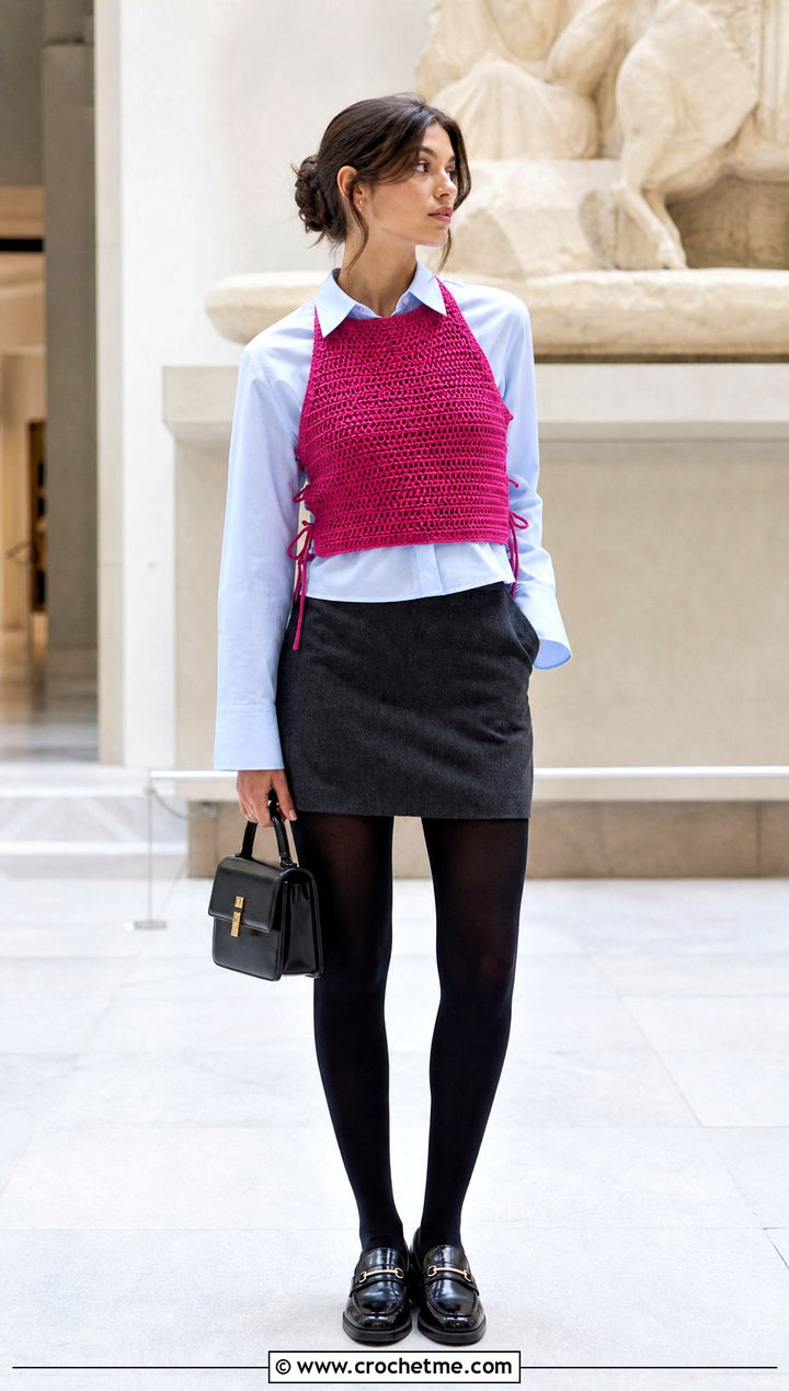 Crochet Halter Vest Top With Poplin Shirt And Mini Skirt - 35 crochet layering top outfit ideas