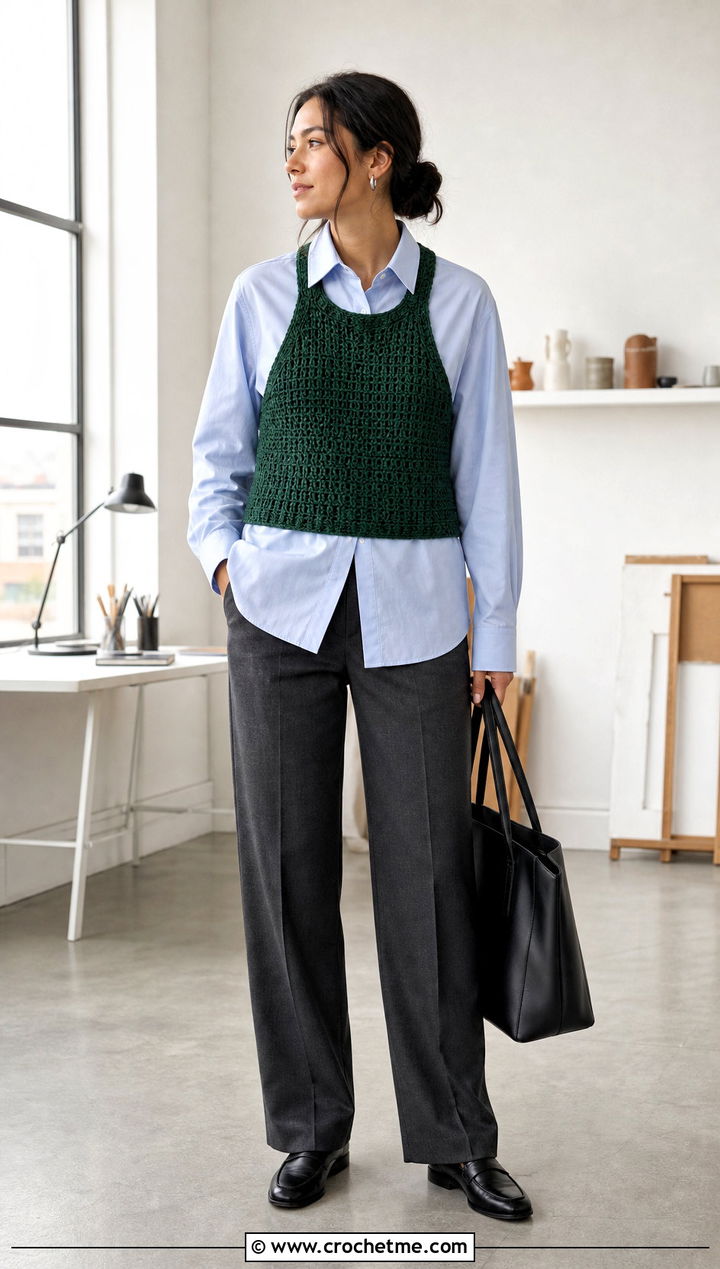 Crochet Halter Vest With Button Down Shirt And Trousers - 30 crocheted halter tops outfit ideas
