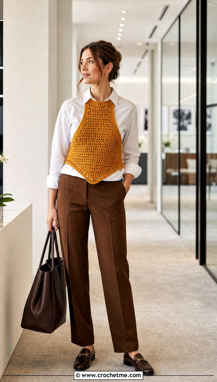 Crochet Halter Vest With Poplin Shirt And Trousers - 35 easy crochet halter top outfit ideas