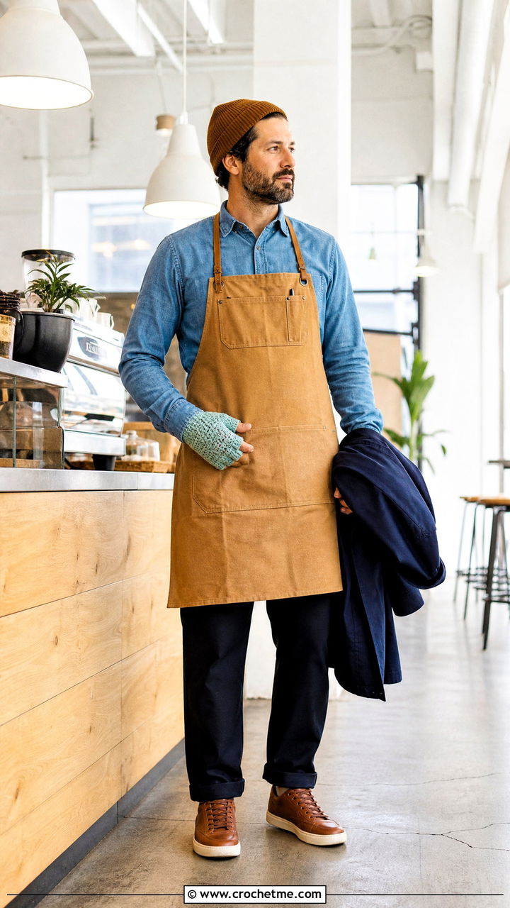 Crochet Hand Warmers With Cafe Workwear - 35 crochet gloves for men outfit ideas
