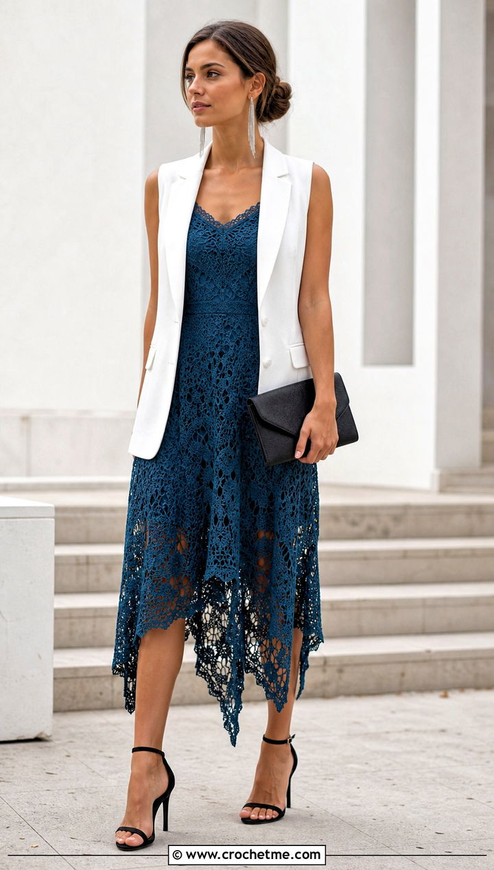 Crochet Handkerchief Hem Dress With Blazer Vest - 35 vintage crochet dress outfit ideas