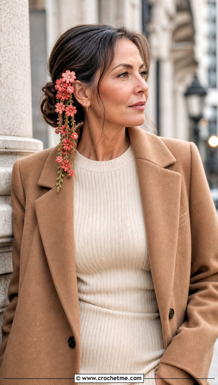 Crochet Hanging Flower Clip With Knit Dress - 15 crochet flower headband and clip outfit ideas