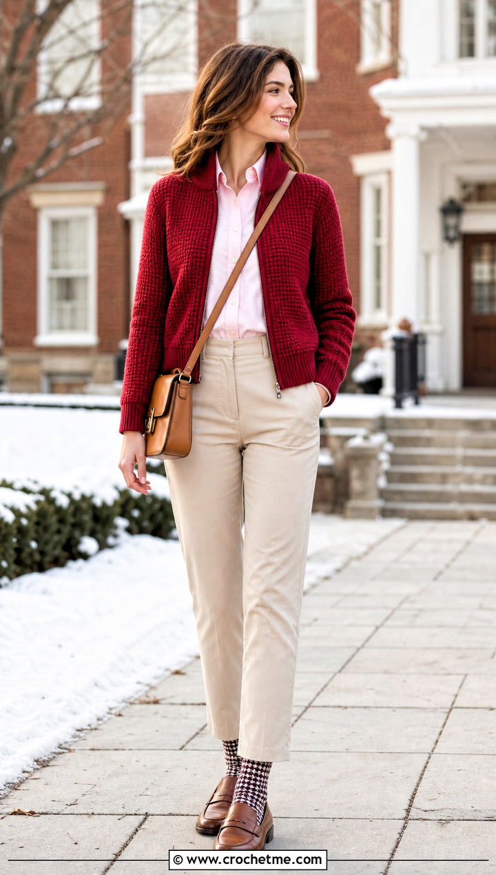 Crochet Harrington Jacket With Chinos - 30 crochet winter jacket outfit ideas