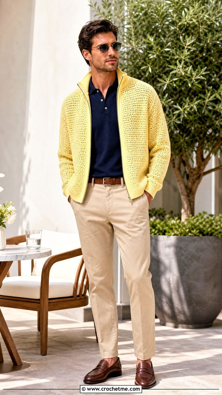 Crochet Harrington Jacket With Polo Shirt And Chinos - 35 crochet jacket for men outfit ideas