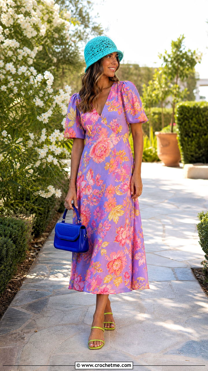 Crochet Hat With Floral Midi Dress - 35 crochet hats outfit ideas