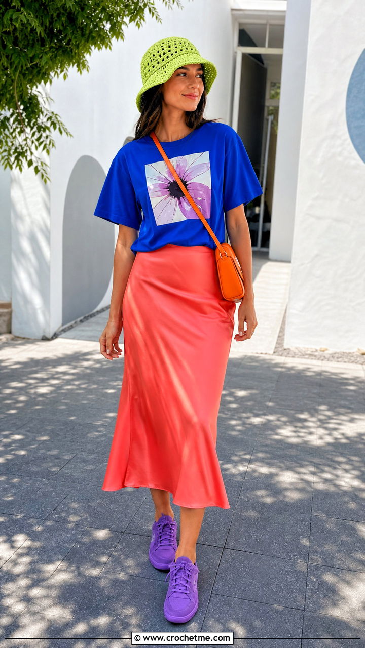 Crochet Hat With Graphic Tee And Midi Skirt - 35 crochet hats outfit ideas