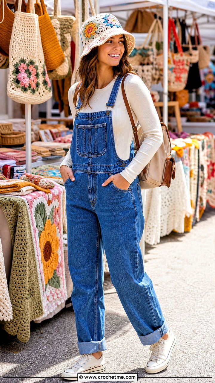 Crochet Hat With Long Sleeve Top And Overalls - 35 crochet hat outfit ideas