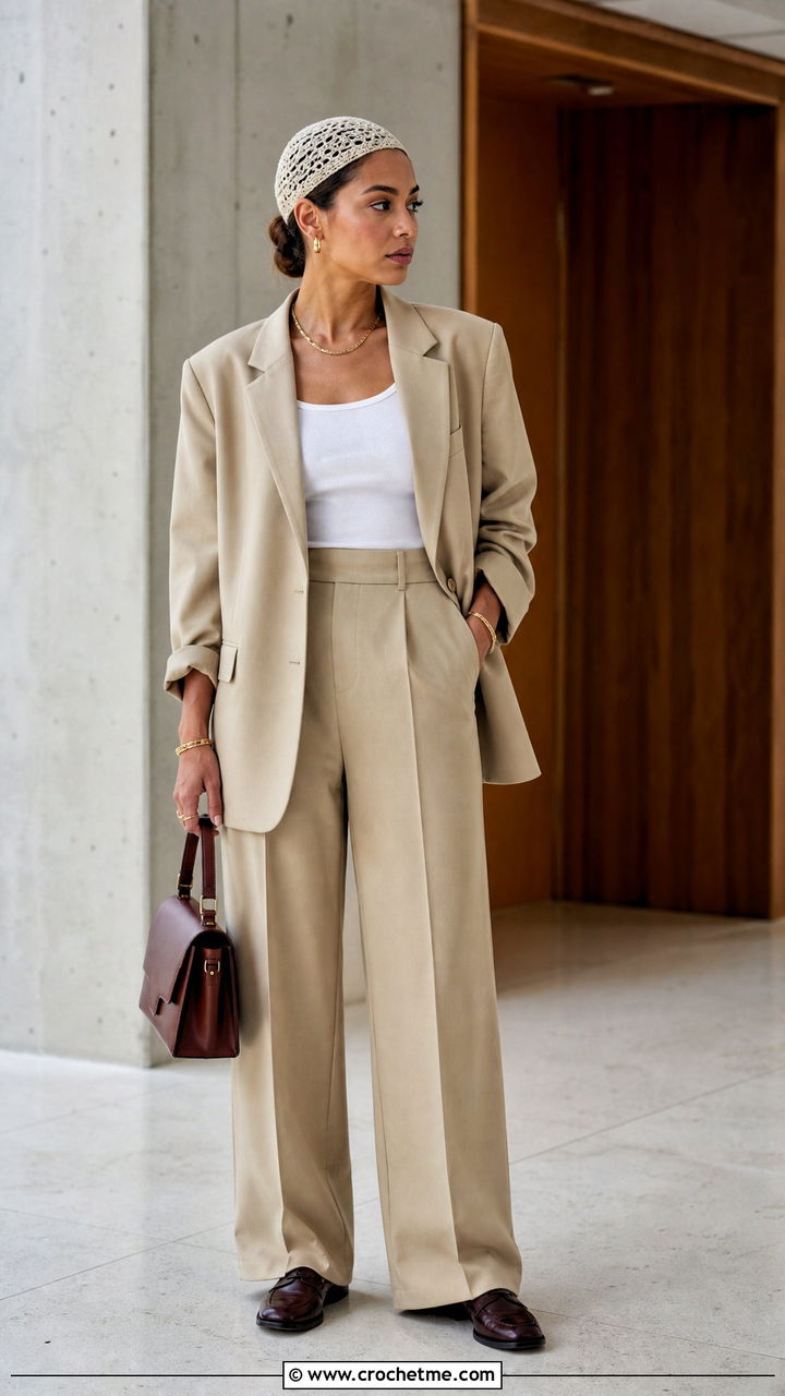 Crochet Hat With Oversized Blazer And Tailored Trousers - 35 crochet hat outfit ideas