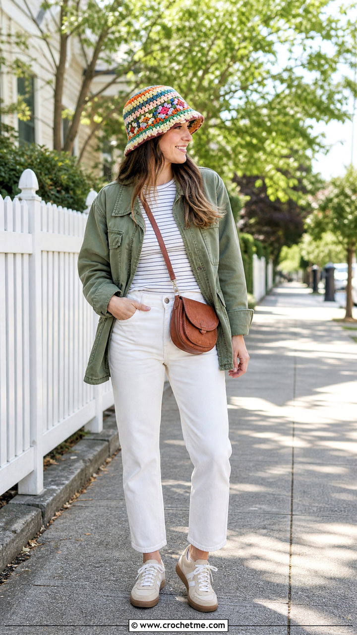 Crochet Hat With Utility Jacket And White Jeans - 35 crochet hat outfit ideas
