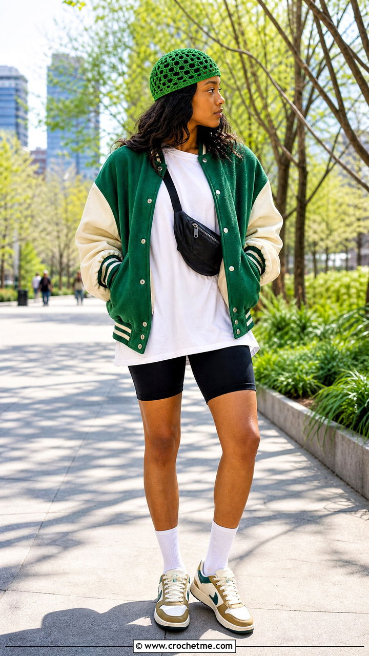 Crochet Hat With Varsity Jacket And Bike Shorts - 35 crochet hat outfit ideas