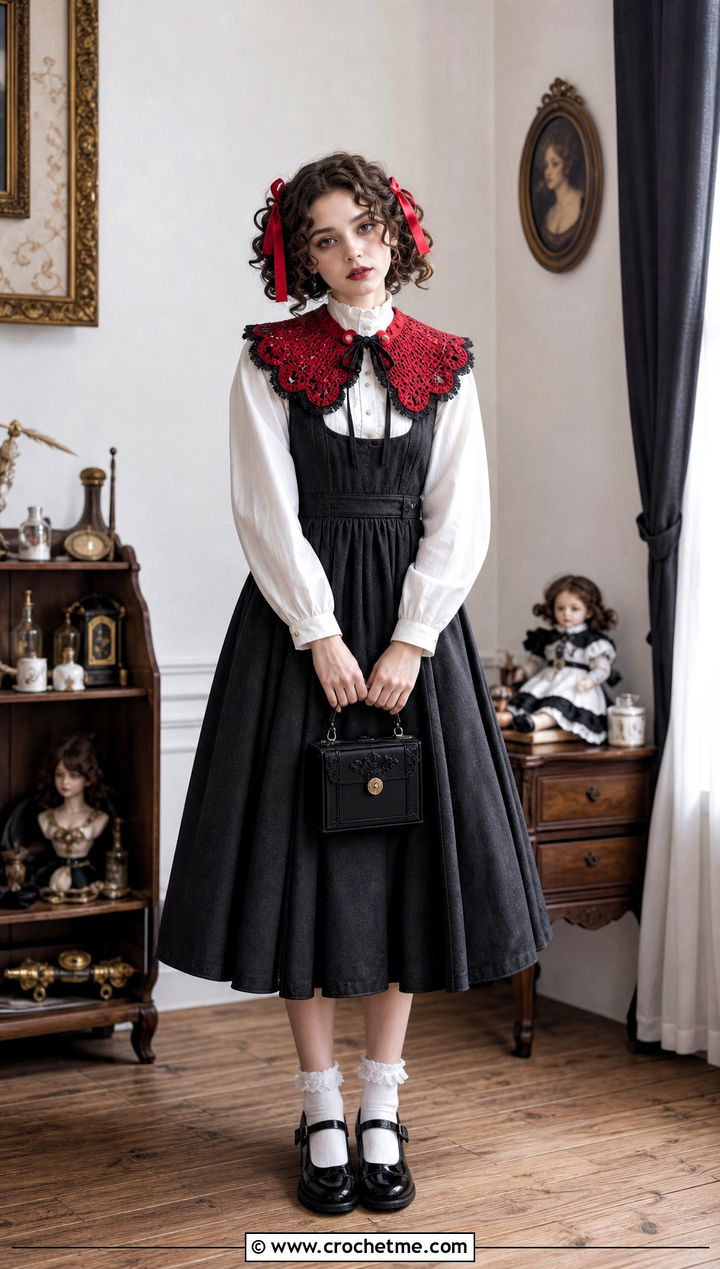 Crochet Haunted Doll Collar With Pinafore Dress - 35 Crochet Halloween Costume Women outfit ideas