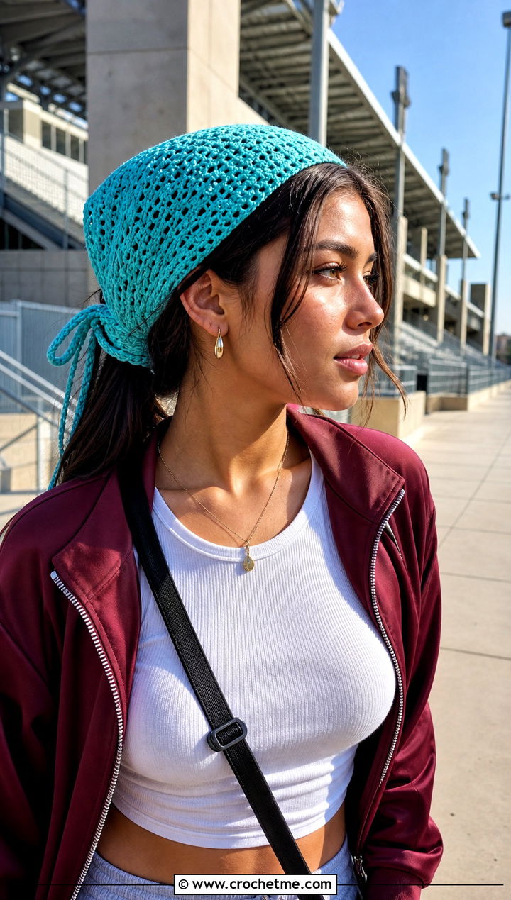 Crochet Head Triangle Scarf With Track Pants - 25 Crocheted Triangle Scarf outfit ideas
